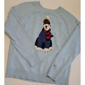 Tommy Hilfiger Polar Bear Sweater Sz M Wool Blend Crew Neck Lt Blue Cozy Winter